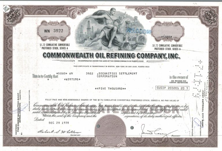 Commonwealth Oil Refining Company Share Certificate 1978