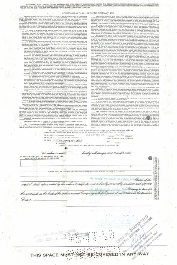 Commonwealth Oil Refining Company Share Certificate 1978 Commonwealth Oil Refining Company Share Certificate 1978