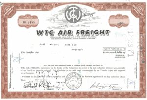 WTC Air Freight Share Certificate 1971 California Aviation Stock WTC Air Freight Share Certificate 1971 California Aviation Stock