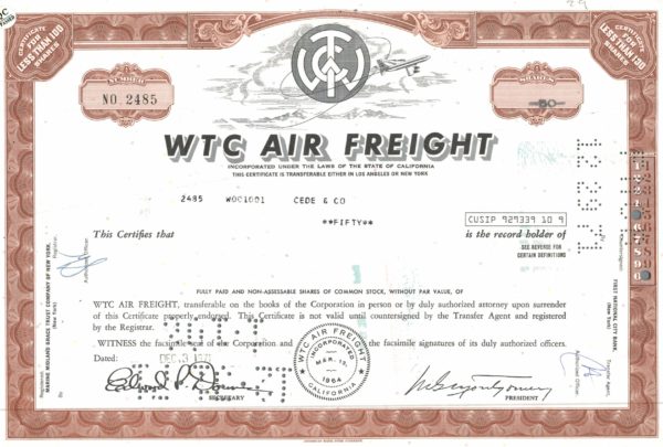WTC Air Freight Share Certificate 1971 California Aviation Stock WTC Air Freight Share Certificate 1971 California Aviation Stock