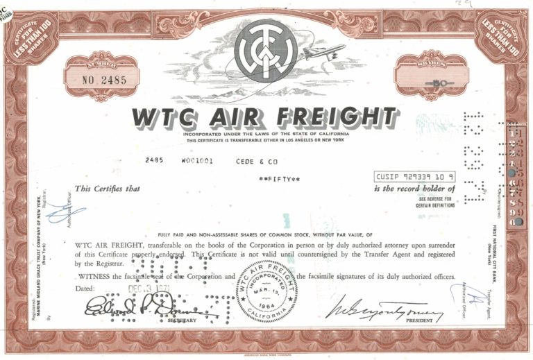 WTC Air Freight Share Certificate 1971 California Aviation Stock