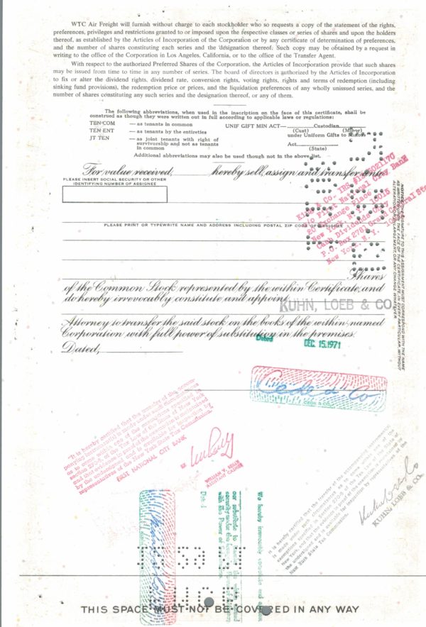 WTC Air Freight Share Certificate 1971 California Aviation Stock WTC Air Freight Share Certificate 1971 California Aviation Stock