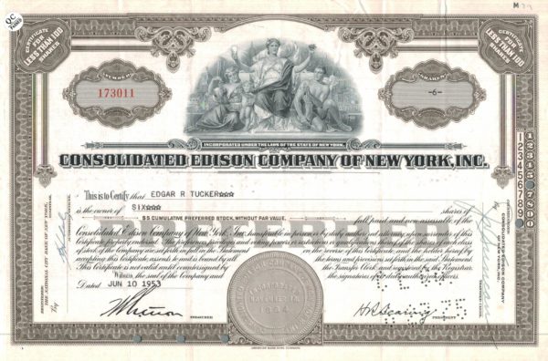 Consolidated Edison Company Share Certificate 1953 New York Utility Stock Consolidated Edison Company Share Certificate 1953 New York Utility Stock
