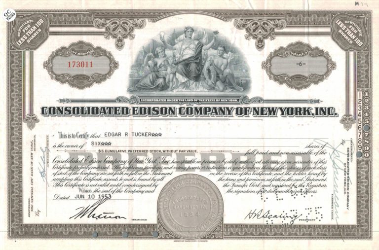 Consolidated Edison Company Share Certificate 1953 New York Utility Stock