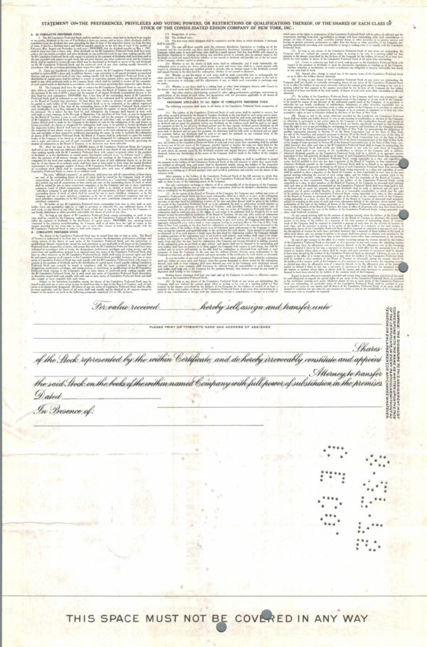 Consolidated Edison Company Share Certificate 1953 New York Utility Stock Consolidated Edison Company Share Certificate 1953 New York Utility Stock