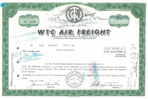 WTC Air Freight Share Certificate 1974 California Aviation Stock WTC Air Freight Share Certificate 1974 California Aviation Stock