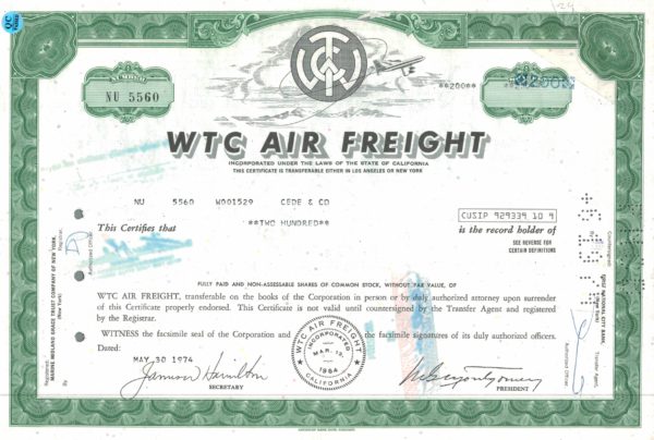 WTC Air Freight Share Certificate 1974 California Aviation Stock WTC Air Freight Share Certificate 1974 California Aviation Stock
