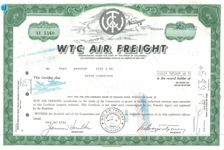 WTC Air Freight Share Certificate 1974 California Aviation Stock