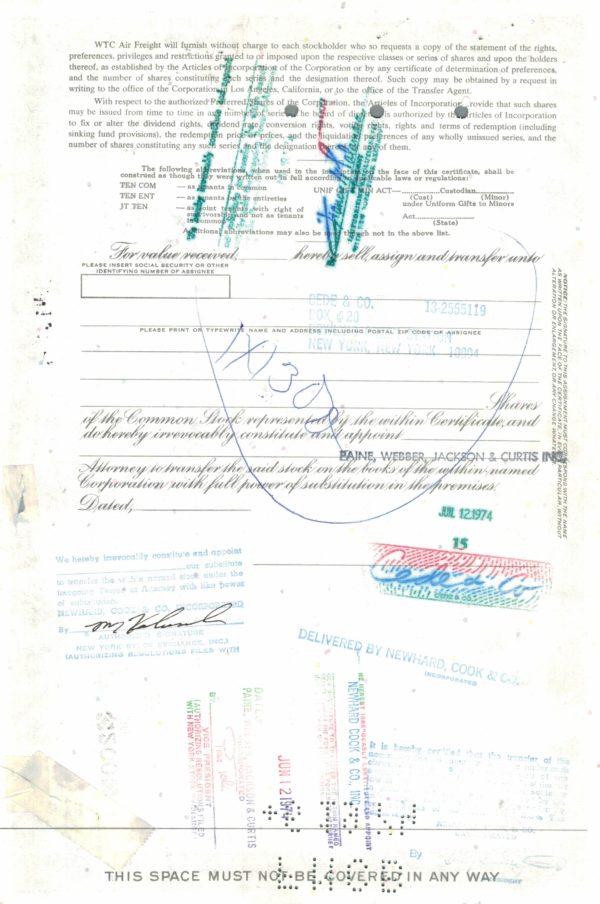 WTC Air Freight Share Certificate 1974 California Aviation Stock WTC Air Freight Share Certificate 1974 California Aviation Stock
