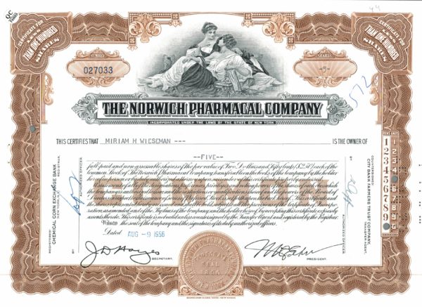 Norwich Pharmacal Company Share Certificate 1956 New York Pharmaceutical Stock Norwich Pharmacal Company Share Certificate 1956 New York Pharmaceutical Stock