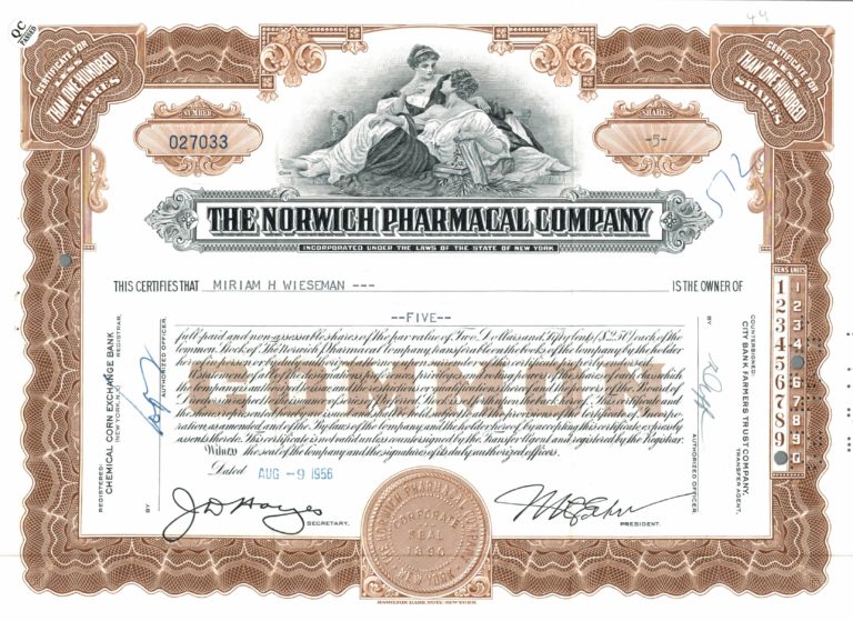 Norwich Pharmacal Company Share Certificate 1956 New York Pharmaceutical Stock
