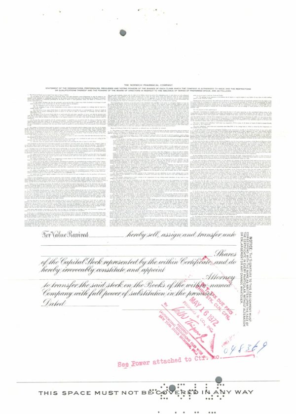 Norwich Pharmacal Company Share Certificate 1956 New York Pharmaceutical Stock Norwich Pharmacal Company Share Certificate 1956 New York Pharmaceutical Stock