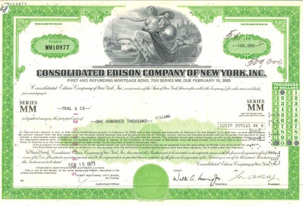 Consolidated Edison Company Mortgage Bond Certificate 1973 New York Utility Consolidated Edison Company Mortgage Bond Certificate 1973 New York Utility