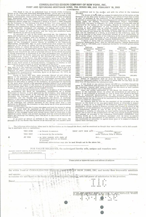 Consolidated Edison Company Mortgage Bond Certificate 1973 New York Utility Consolidated Edison Company Mortgage Bond Certificate 1973 New York Utility