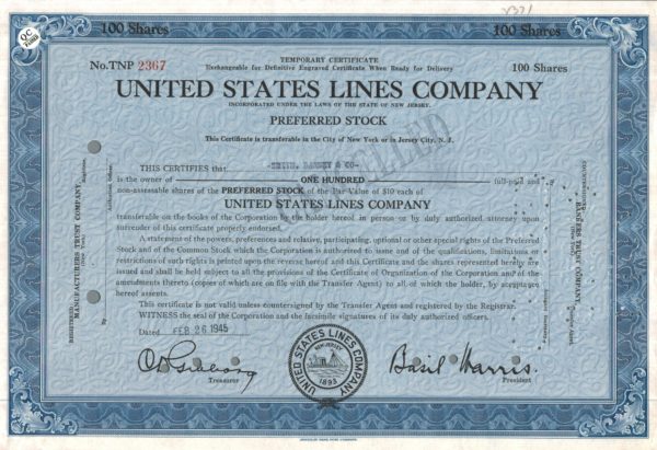 United States Lines Company Share Certificate 1945 Maritime Shipping Stock United States Lines Company Share Certificate 1945 Maritime Shipping Stock