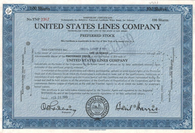 United States Lines Company Share Certificate 1945 Maritime Shipping Stock