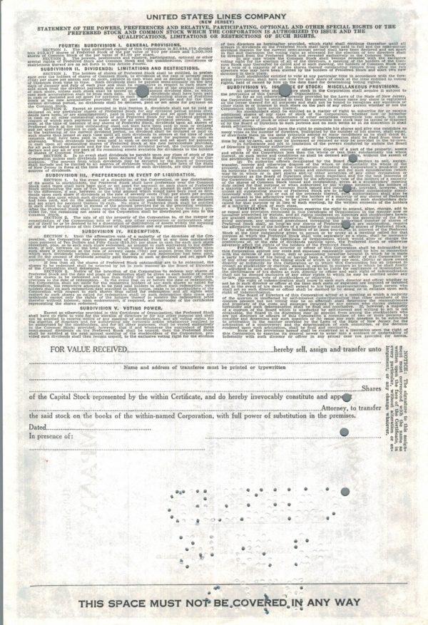 United States Lines Company Share Certificate 1945 Maritime Shipping Stock United States Lines Company Share Certificate 1945 Maritime Shipping Stock
