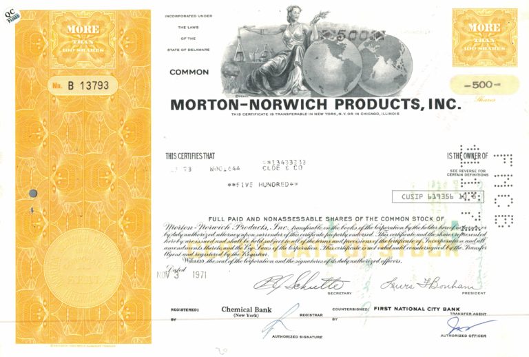Morton-Norwich Products Share Certificate 1971 Delaware Pharmaceutical Stock