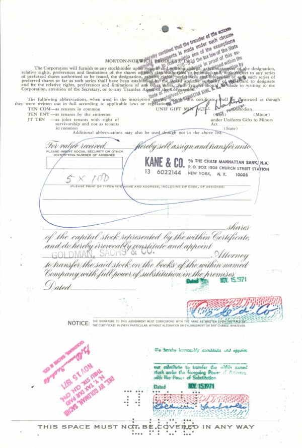 Morton-Norwich Products Share Certificate 1971 Delaware Pharmaceutical Stock Morton-Norwich Products Share Certificate 1971 Delaware Pharmaceutical Stock