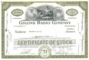 Collins Radio Company Share Certificate 1966 Iowa Telecommunications Stock