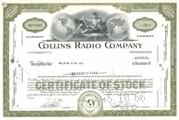 Collins Radio Company Share Certificate 1966 Iowa Telecommunications Stock Collins Radio Company Share Certificate 1966 Iowa Telecommunications Stock