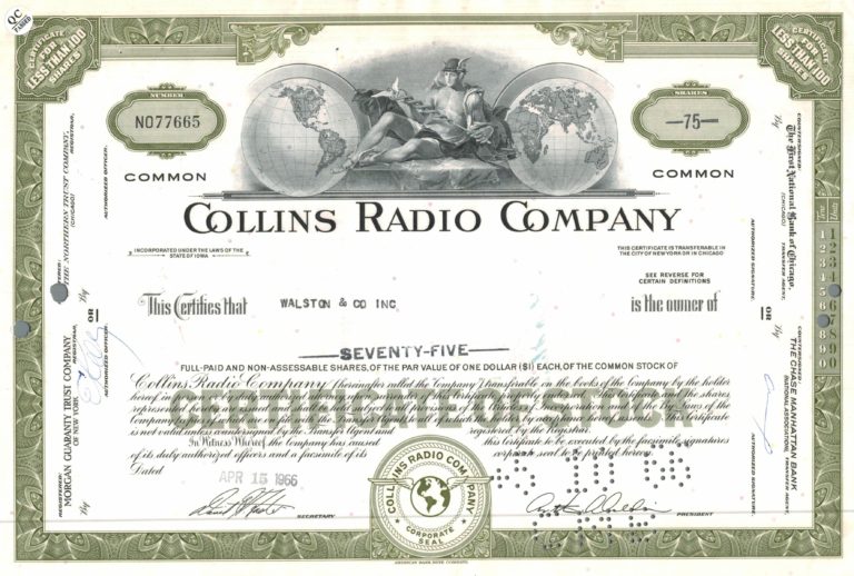 Collins Radio Company Share Certificate 1966 Iowa Telecommunications Stock