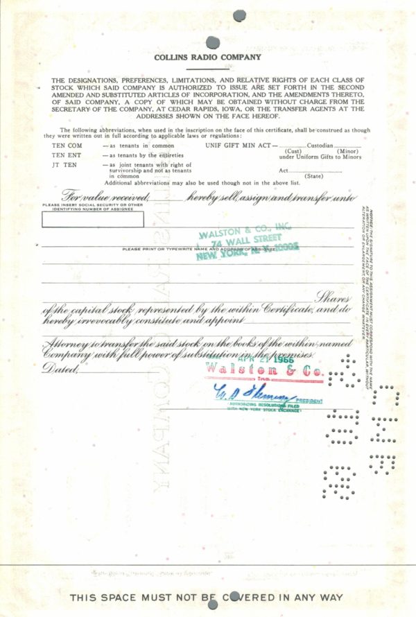 Collins Radio Company Share Certificate 1966 Iowa Telecommunications Stock Collins Radio Company Share Certificate 1966 Iowa Telecommunications Stock