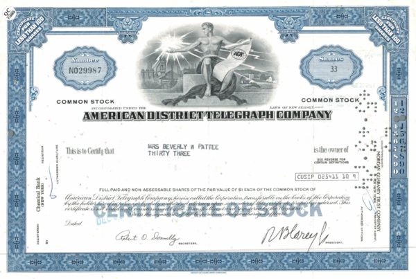 American District Telegraph Company Stock Certificate, 1971 American District Telegraph Company Stock Certificate, 1971