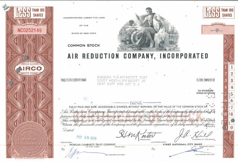 Air Reduction Company Incorporated Stock Certificate, 1966