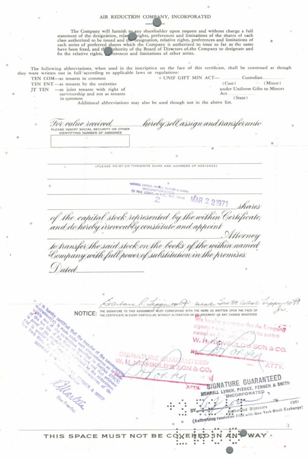 Air Reduction Company Incorporated Stock Certificate, 1966 Air Reduction Company Incorporated Stock Certificate, 1966