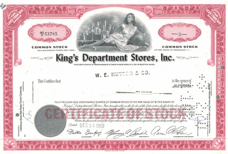 King’s Department Stores Inc. Stock Certificate, 1969