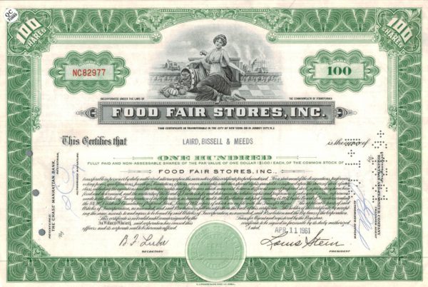 Food Fair Stores Inc. Stock Certificate, 1961 Food Fair Stores Inc. Stock Certificate, 1961