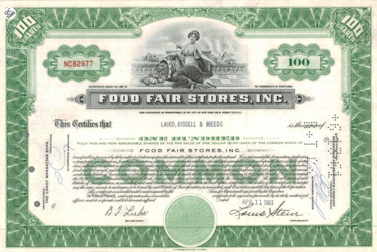 Food Fair Stores Inc. Stock Certificate, 1961