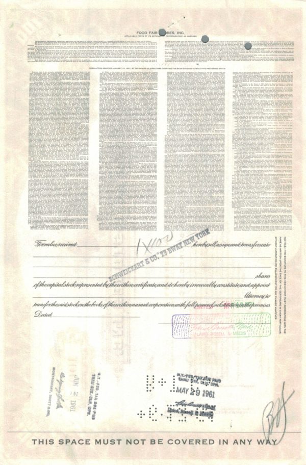 Food Fair Stores Inc. Stock Certificate, 1961 Food Fair Stores Inc. Stock Certificate, 1961