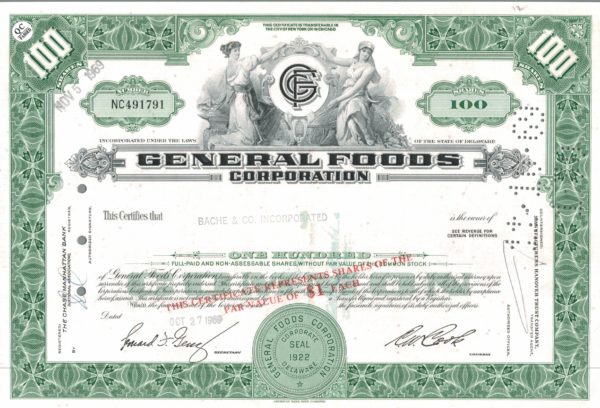 General Foods Corporation Share Certificate – 100 Shares, 1969 General Foods Corporation Share Certificate – 100 Shares, 1969