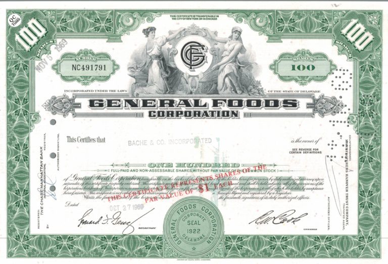 General Foods Corporation Share Certificate – 100 Shares, 1969