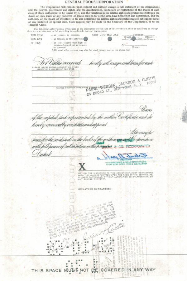 General Foods Corporation Share Certificate – 100 Shares, 1969 General Foods Corporation Share Certificate – 100 Shares, 1969