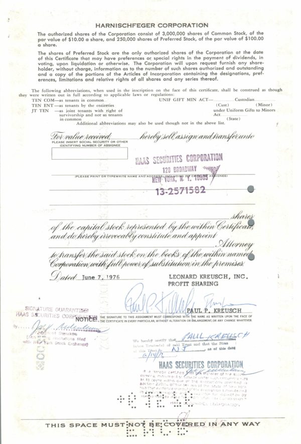 Harnischfeger Corporation Stock Certificate – 200 Shares, 1973 Harnischfeger Corporation Stock Certificate – 200 Shares, 1973