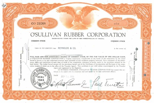 O’Sullivan Rubber Corporation Share Certificate – 1969 O’Sullivan Rubber Corporation Share Certificate – 1969