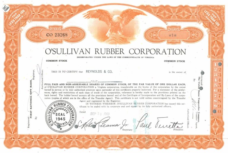 O’Sullivan Rubber Corporation Share Certificate – 1969