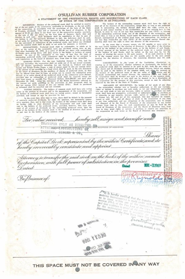 O’Sullivan Rubber Corporation Share Certificate – 1969 O’Sullivan Rubber Corporation Share Certificate – 1969
