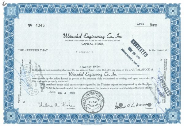 Weinschel Engineering Co. Stock Certificate – 25 Shares, 1970