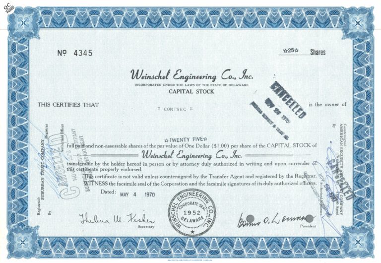 Weinschel Engineering Co. Stock Certificate – 25 Shares, 1970