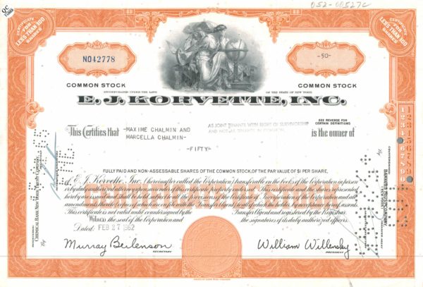 E.J. Korvette Inc. Share Certificate – 50 Shares, 1962 E.J. Korvette Inc. Share Certificate – 50 Shares, 1962