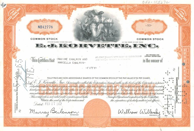 E.J. Korvette Inc. Share Certificate – 50 Shares, 1962