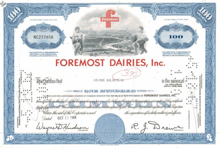Foremost Dairies Inc. Share Certificate – 100 Shares, 1966