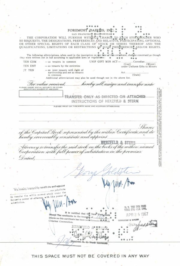 Foremost Dairies Inc. Share Certificate – 100 Shares, 1966 Foremost Dairies Inc. Share Certificate – 100 Shares, 1966
