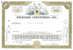 Spartans Industries Inc. Stock Certificate – Class A, 100 Shares, 1968 Spartans Industries Inc. Stock Certificate – Class A, 100 Shares, 1968