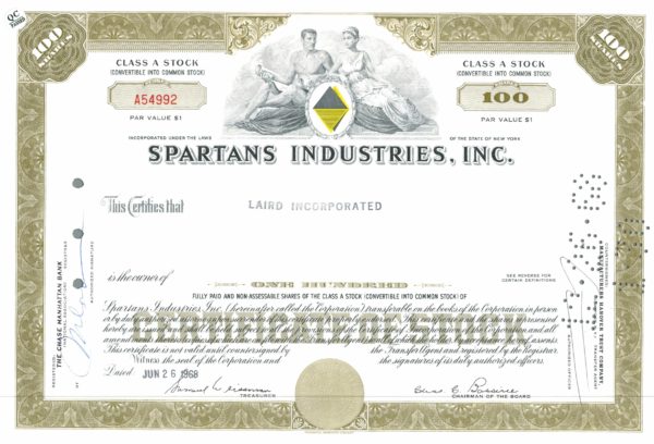 Spartans Industries Inc. Stock Certificate – Class A, 100 Shares, 1968 Spartans Industries Inc. Stock Certificate – Class A, 100 Shares, 1968
