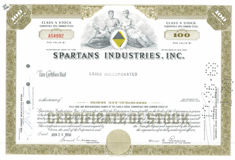 Spartans Industries Inc. Stock Certificate – Class A, 100 Shares, 1968